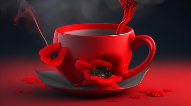 Una taza de café roja con una flor al lado.