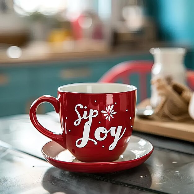 Foto una taza de café roja con las palabras sippy joy en ella