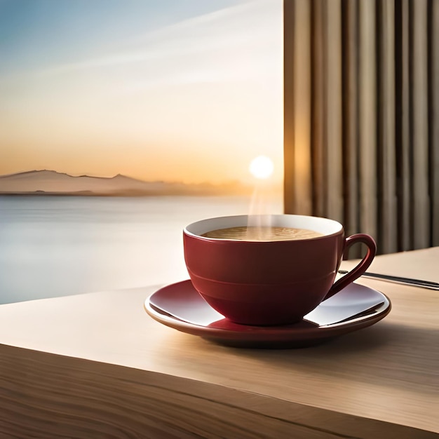 una taza de café roja se sienta en una bandeja al lado de una ventana con la puesta de sol en el fondo.