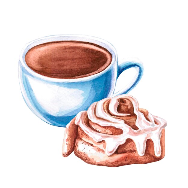 Taza de café con rollo de canela en ilustración en acuarela sobre fondo blanco Ilustración dibujada a mano de productos de panadería y café para libros de cocina de menús logotipo de marca de café panadería