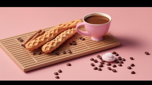 Una taza de café rosa y dos galletas con granos de café en una bandeja de madera ai generativa