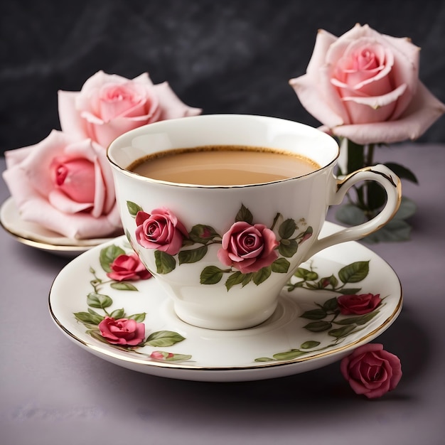 Taza de Café con una Rosa en el Platillo Delicia Elegante