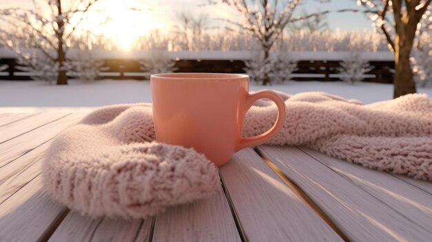 Taza de café rosa sentada encima de una mesa de madera Apta para menús de cafeterías o blogs de estilo de vida