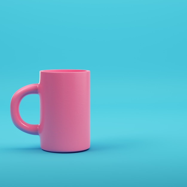 Taza de café rosa sobre fondo azul brillante en colores pastel. Concepto de minimalismo. Render 3d