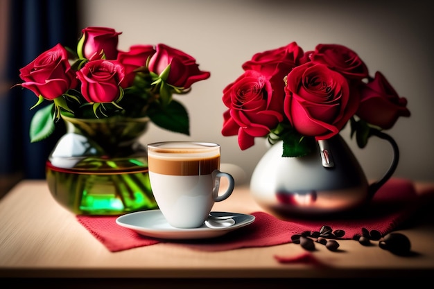 Una taza de café con rosas en un jarrón.