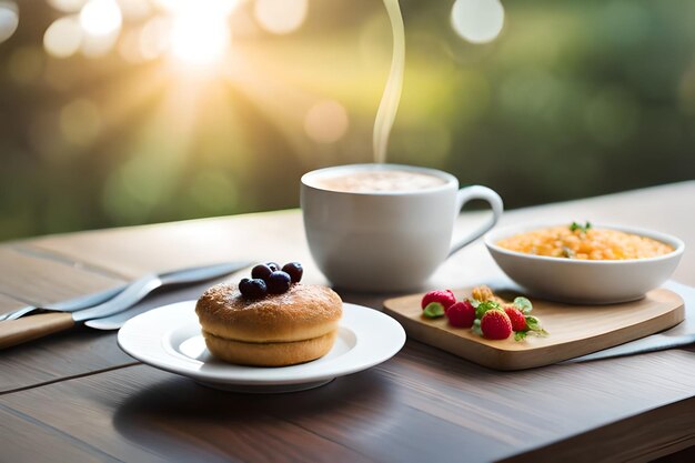 Una taza de café y una rosquilla con una taza de café y una tazón de café.