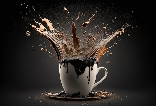 Taza de café salpicada y salpicada Ráfaga de gotas de líquido marrón Ilustración abstracta sobre fondo oscuro Generado por IA