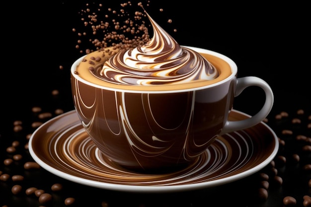 una taza de café con salsa de chocolate