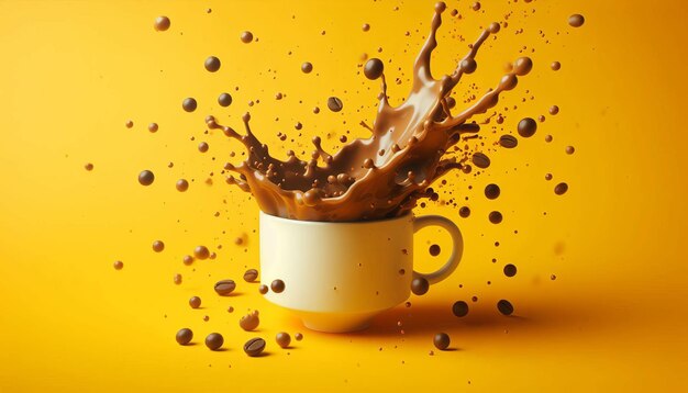 Una taza de café con un salto en un fondo amarillo