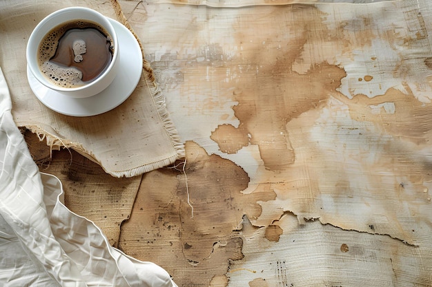 Una taza de café sentada encima de una pieza de papel