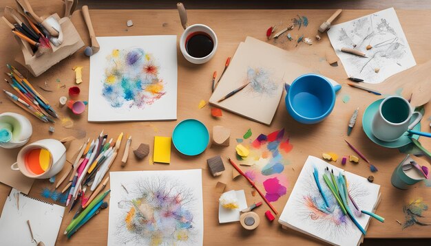 una taza de café se sienta al lado de una tazón de café y una copa de pintura