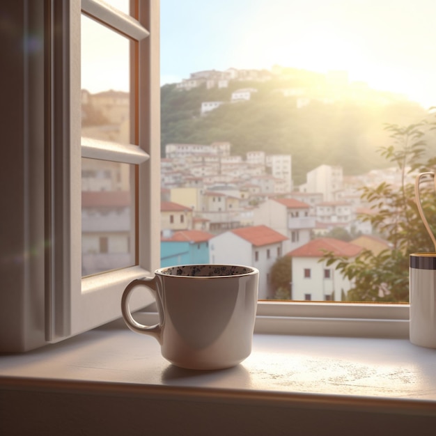 Una taza de café se sienta en el alféizar de una ventana con una vista de una ciudad al fondo.