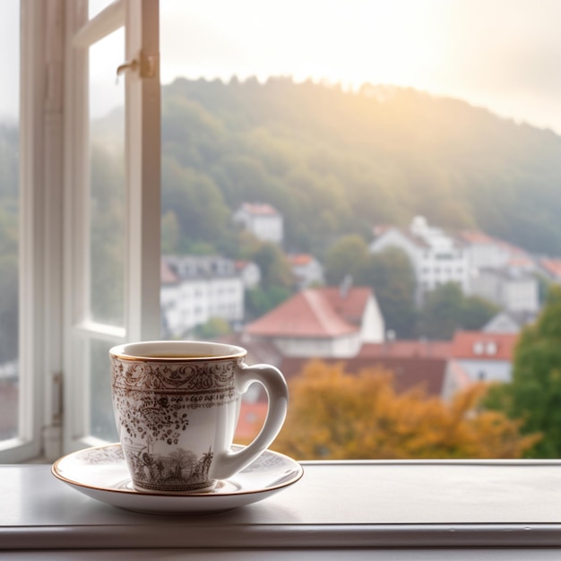 Una taza de café se sienta en el alféizar de una ventana con una vista de una ciudad en el fondo.