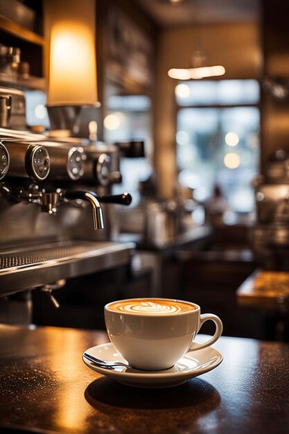 una taza de café se sienta en una bandeja frente a una máquina de café