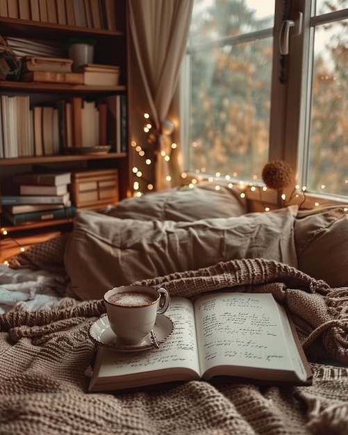 una taza de café se sienta en una bandeja con un libro titulado