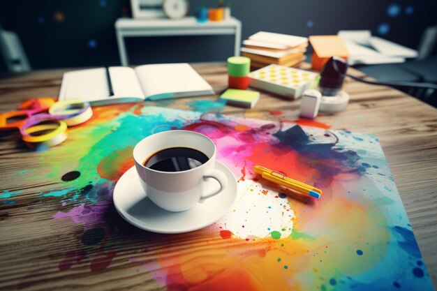 Una taza de café se sienta en un escritorio con un fondo colorido