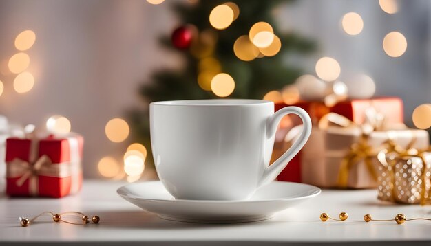 una taza de café se sienta en una mesa al lado de un árbol de Navidad