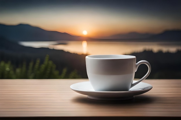 una taza de café se sienta en una mesa al lado de un lago