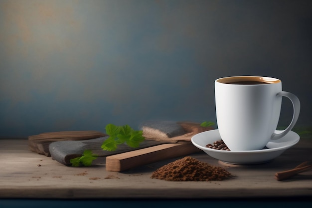 Una taza de café se sienta en una mesa al lado de un libro y un libro.