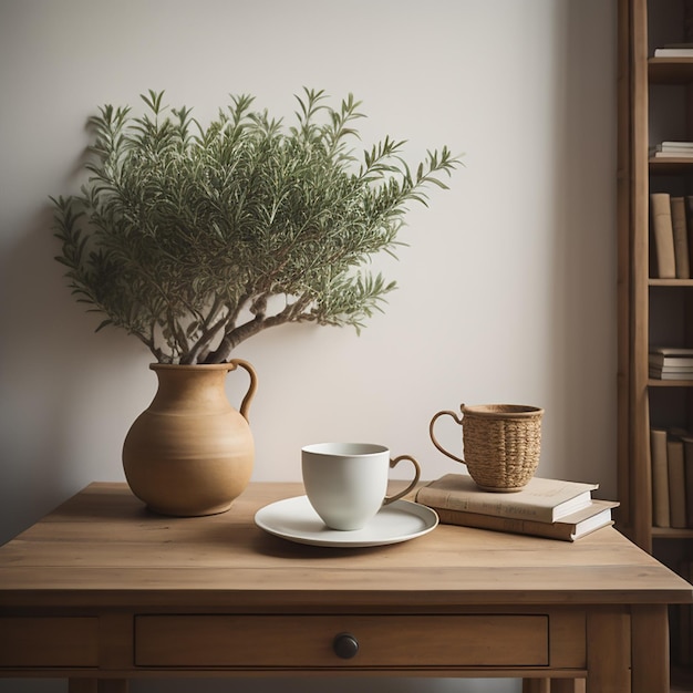 Una taza de café se sienta en una mesa al lado de una taza de café.