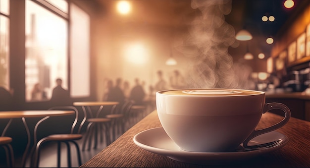 Una taza de café se sienta en una mesa en un café con un fondo borroso.