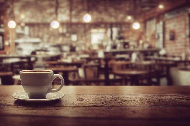 Una taza de café se sienta en una mesa en un café.