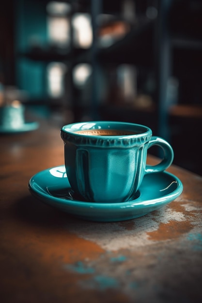 Una taza de café se sienta en una mesa en un café.