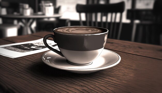 Una taza de café se sienta en una mesa en un café.