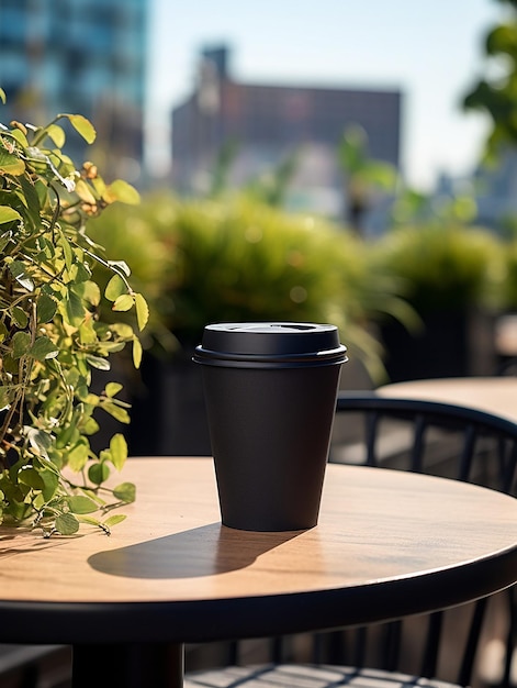 una taza de café se sienta en una mesa en una cafetería
