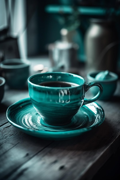 Una taza de café se sienta en una mesa en un cuarto oscuro con una botella de agua en el fondo.