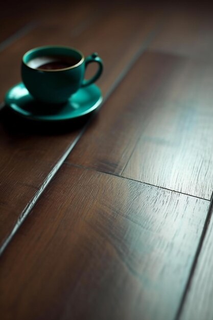 Foto una taza de café se sienta en una mesa en un cuarto oscuro.