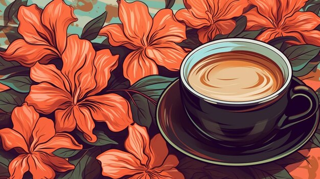Una taza de café se sienta en una mesa cubierta de flores.