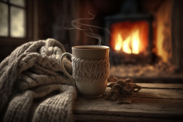 Una taza de café se sienta en una mesa frente al fuego.