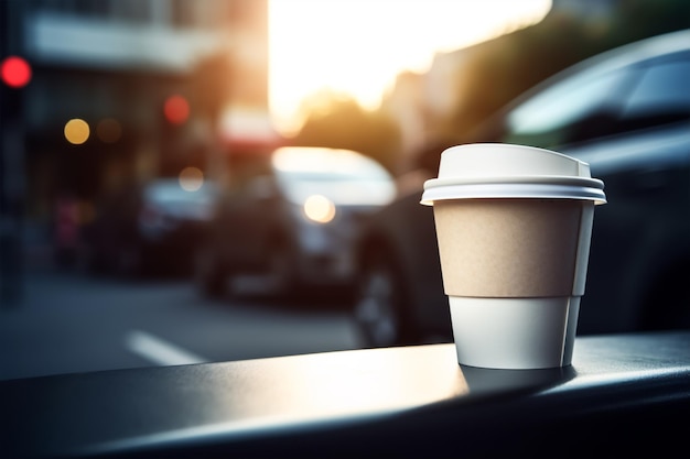 Una taza de café se sienta en una mesa frente a un automóvil