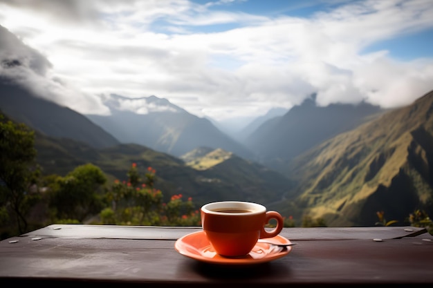 Una taza de café se sienta en una mesa frente a una cordillera.