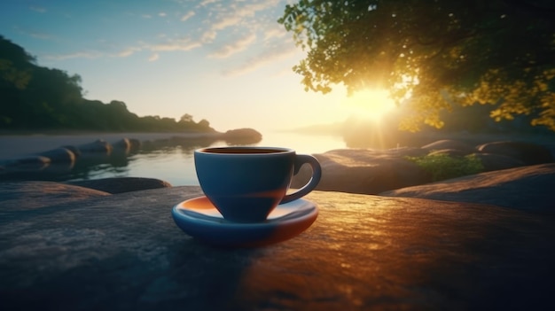 Una taza de café se sienta en una mesa frente a un lago.