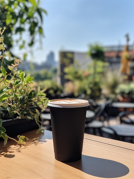 una taza de café se sienta en una mesa frente a una planta en maceta