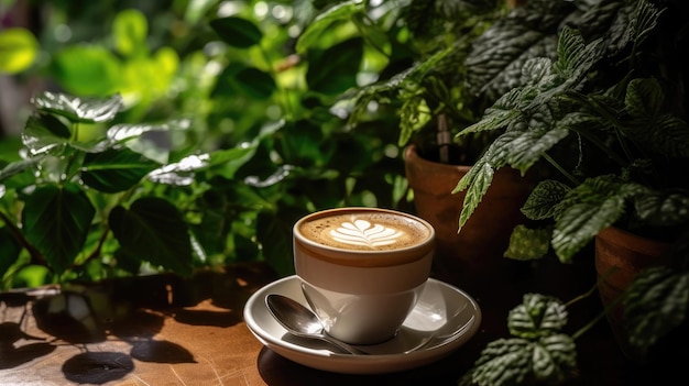 Una taza de café se sienta en una mesa frente a una planta.