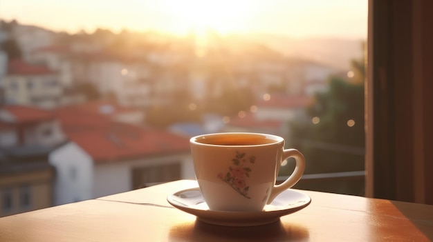 Una taza de café se sienta en una mesa frente a una puesta de sol.