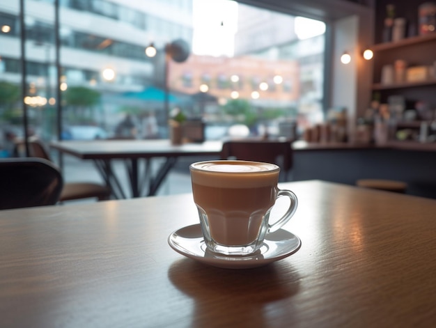 Una taza de café se sienta en una mesa frente a una ventana con un letrero que dice café con leche.