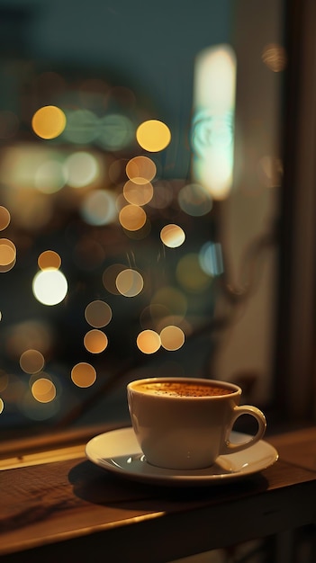 Una taza de café se sienta en una mesa frente a una ventana