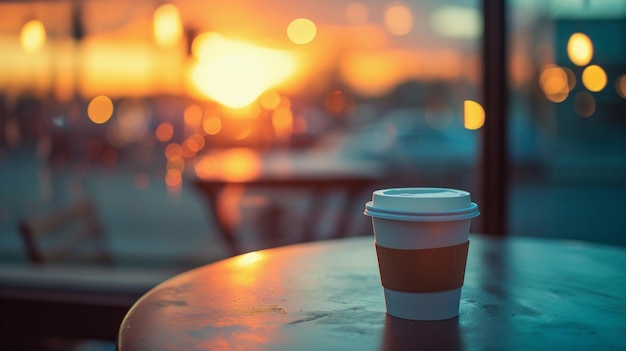 una taza de café se sienta en una mesa frente a una ventana