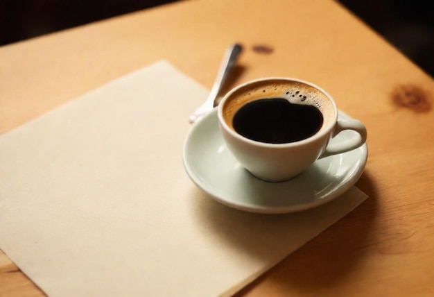 una taza de café se sienta en una mesa junto a una servilleta