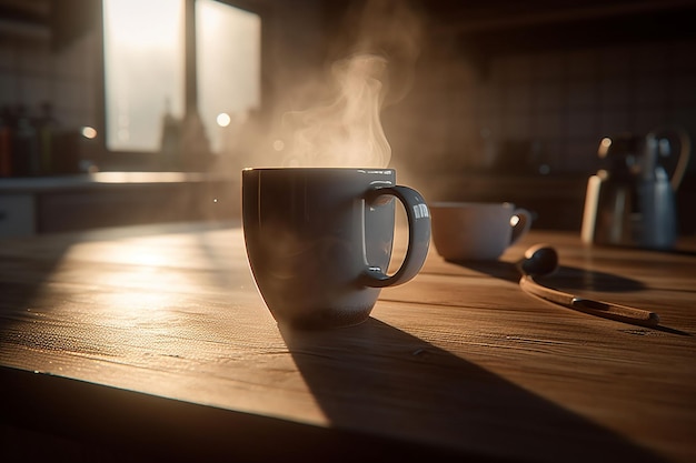 Una taza de café se sienta en una mesa con una luz que entra por la ventana