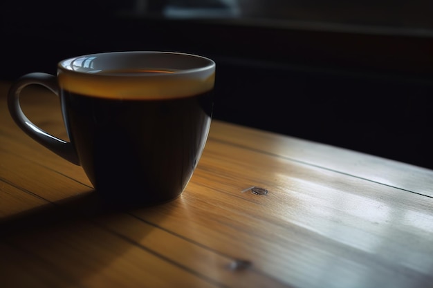 Una taza de café se sienta en una mesa de madera en un cuarto oscuro.