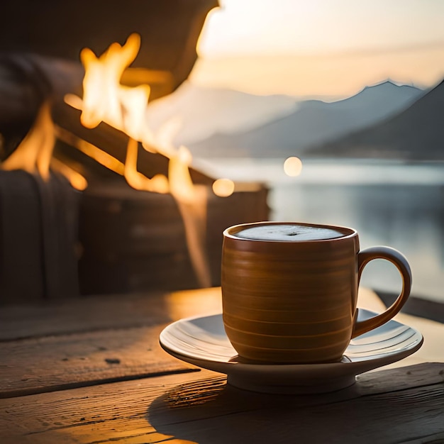 Una taza de café se sienta en una mesa de madera junto a un fuego.