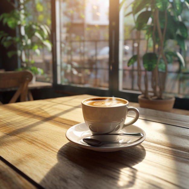 Una taza de café se sienta en una mesa de madera con una planta al fondo.