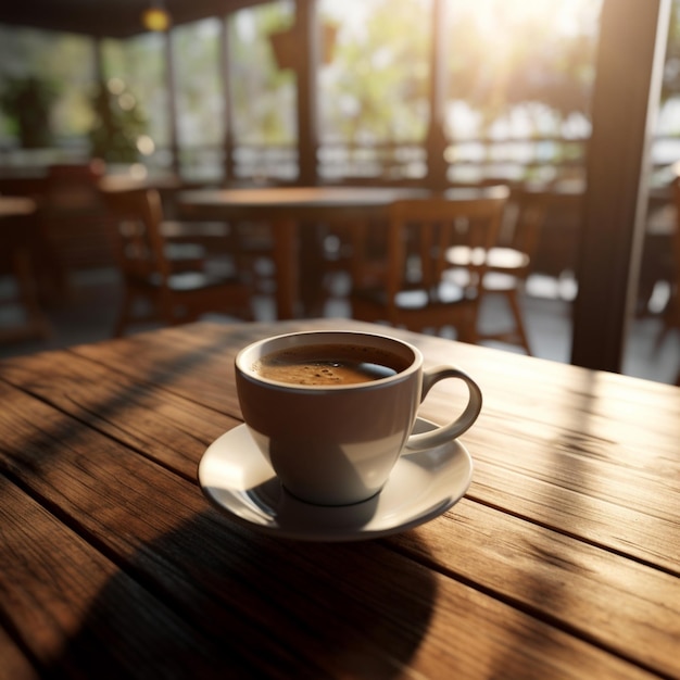 Una taza de café se sienta en una mesa de madera en un restaurante.