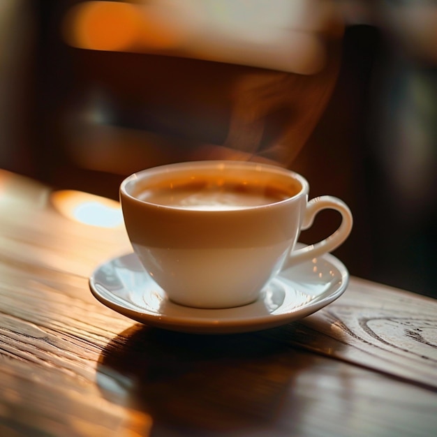 una taza de café se sienta en una mesa de madera