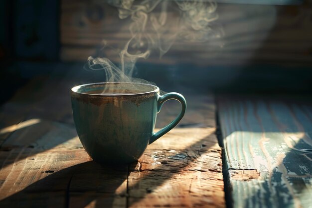 Una taza de café se sienta en una mesa de madera